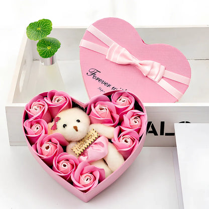 Handmade pink soap flower rose bouquet with bear in 25cm gift box, 10cm roses for lasting gifts