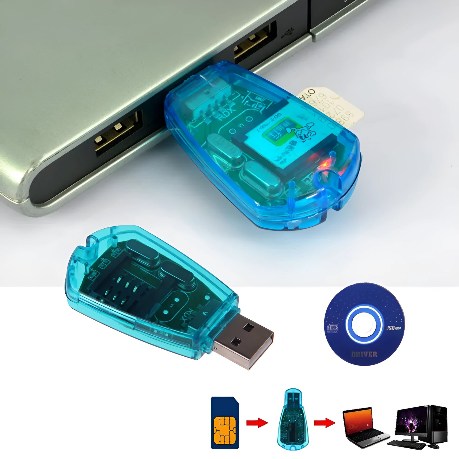 Blue USB SIM card reader for mobile phones placed next to a SIM card.