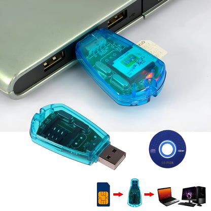 Blue USB SIM card reader for mobile phones placed next to a SIM card.