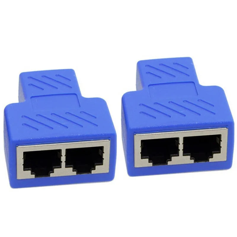 RJ45 network cable splitter adapter showing white, yellow, red, blue, and black colour options with standard Ethernet connectors