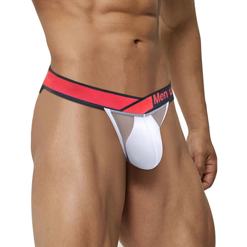 Men's black ice silk briefs with low waist and large V gradient high fork design on a white background