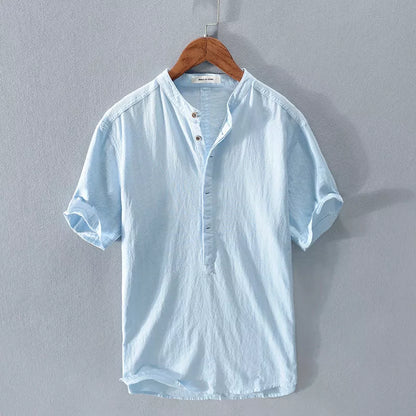Men's Stand Collar Japanese Ice Silk Linen Short Sleeve T-shirt in various colors