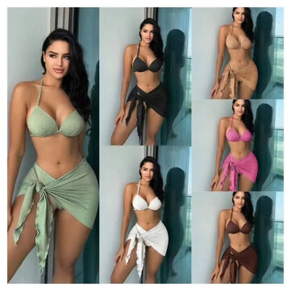Women's three-piece swimsuit set in solid colour with Russian split design and matching skirt