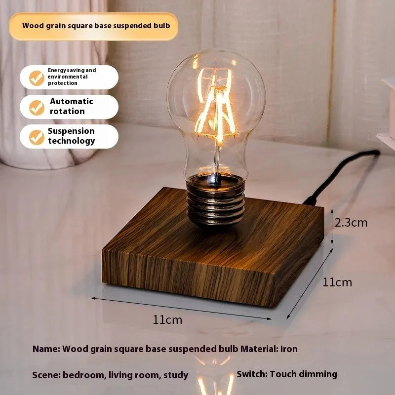 Suspension bulb night lamp on black wood grain base with iron art frame, 11cm square dimensions