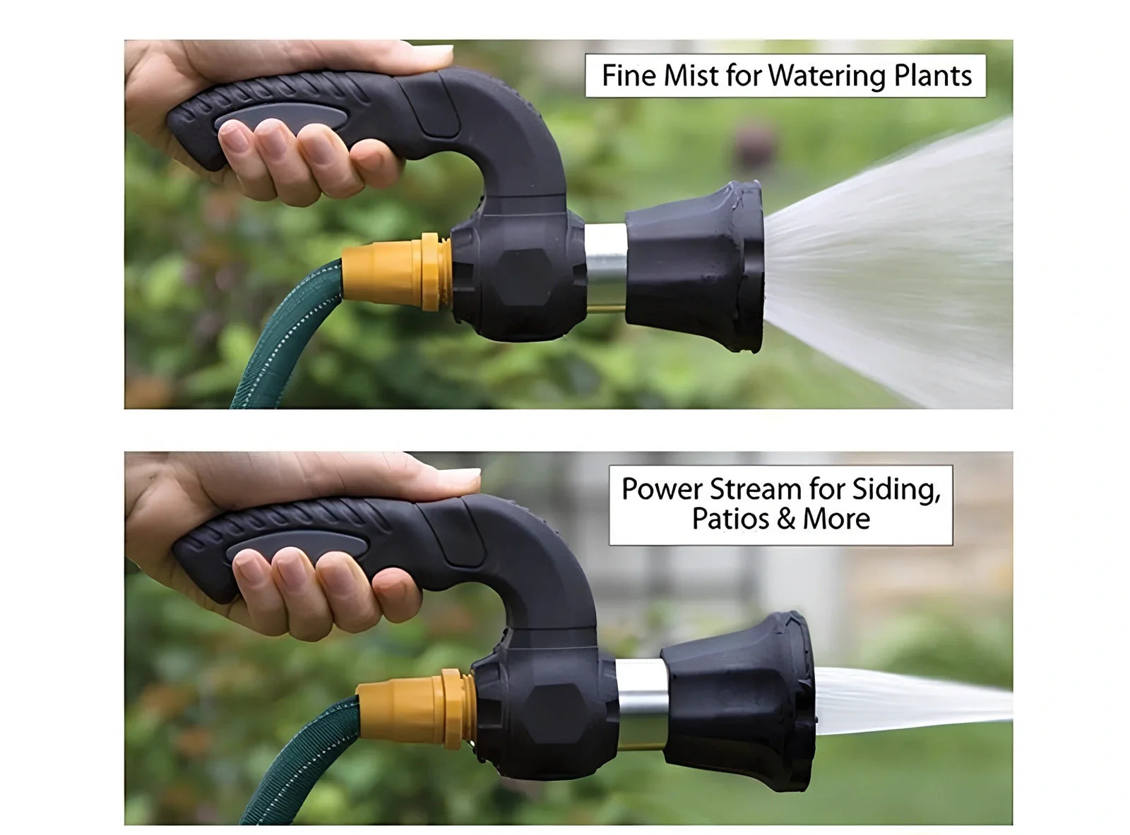 Black Mighty Power Hose Blaster Nozzle with five spray settings and ergonomic handle for garden and car washing