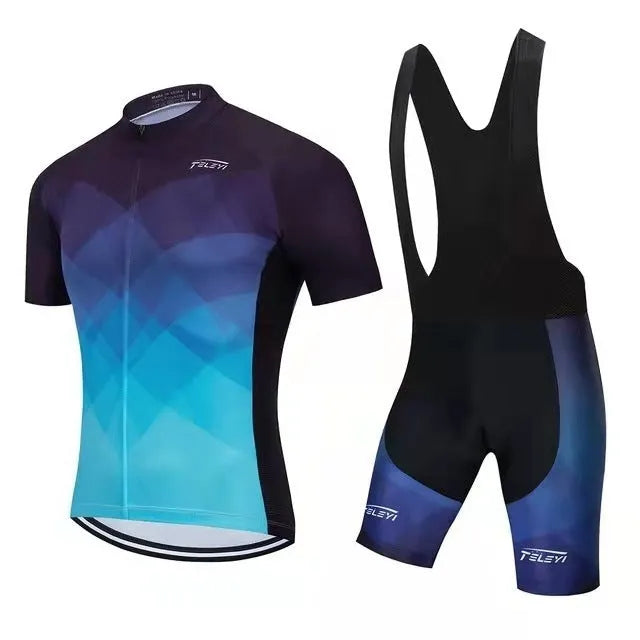 Cycling jersey and trousers set in a technical fabric, shown in multiple colour styles for summer riding.