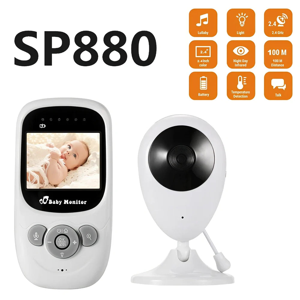 Wireless baby monitor camera with 360-degree rotation capability showing nursery monitoring setup