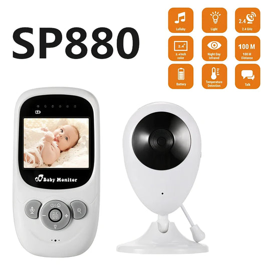 Wireless baby monitor camera with 360-degree rotation capability showing nursery monitoring setup