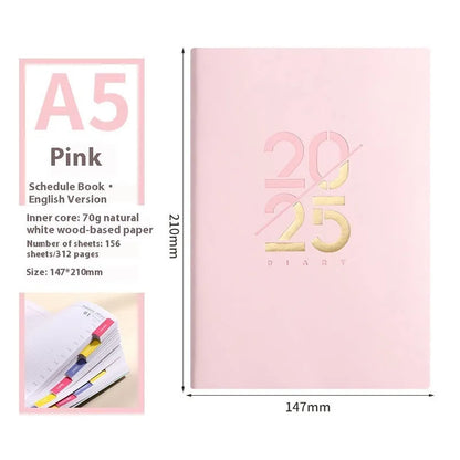 A5 daily planner with faux leather cover in blue, showing open pages and bound spine.
