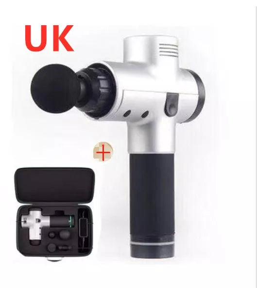 Relax Tissue Deep Muscle Massage Gun with 4 interchangeable heads on a white background