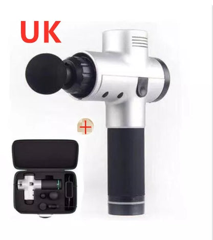 Relax Tissue Deep Muscle Massage Gun with 4 interchangeable heads on a white background