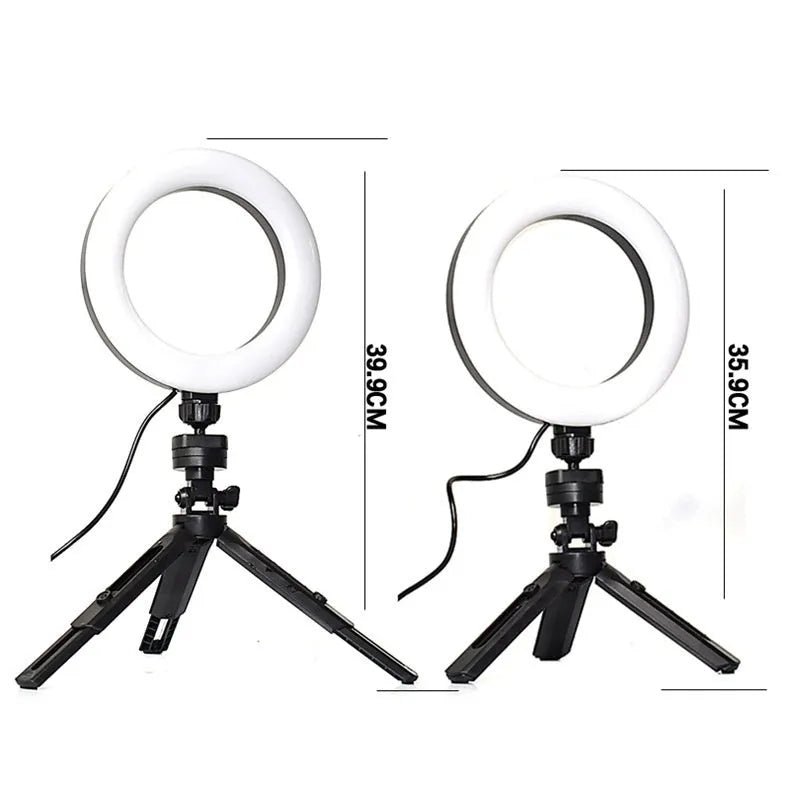 Black desktop mobile phone bracket with adjustable colour fill light and tripod stand for video recording