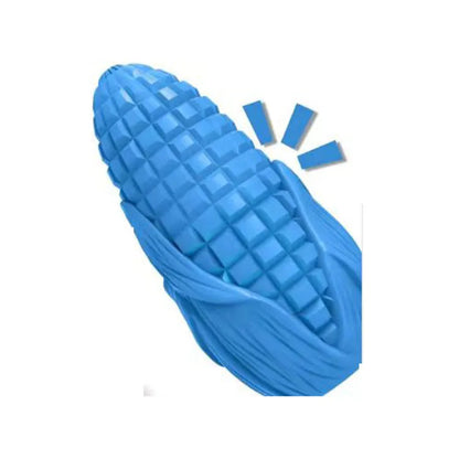 Yellow corn stick shaped dog chew toy with textured grooves, suitable for medium and large breed dogs