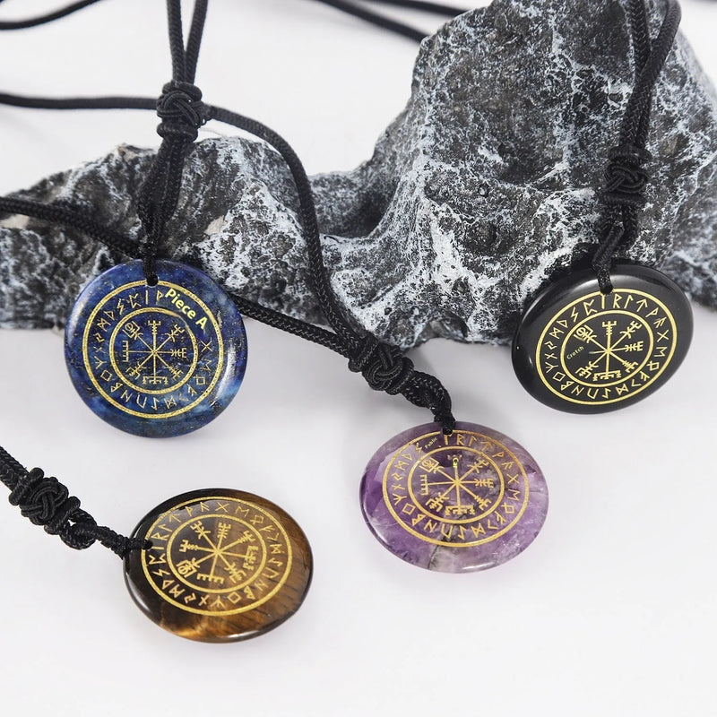 Carved Compass Pendant Natural Amethyst Crystal Geometry 30x6mm Beaded Necklace Charm Nordic Luen Compass Jewellery for Daily Wear or Gift