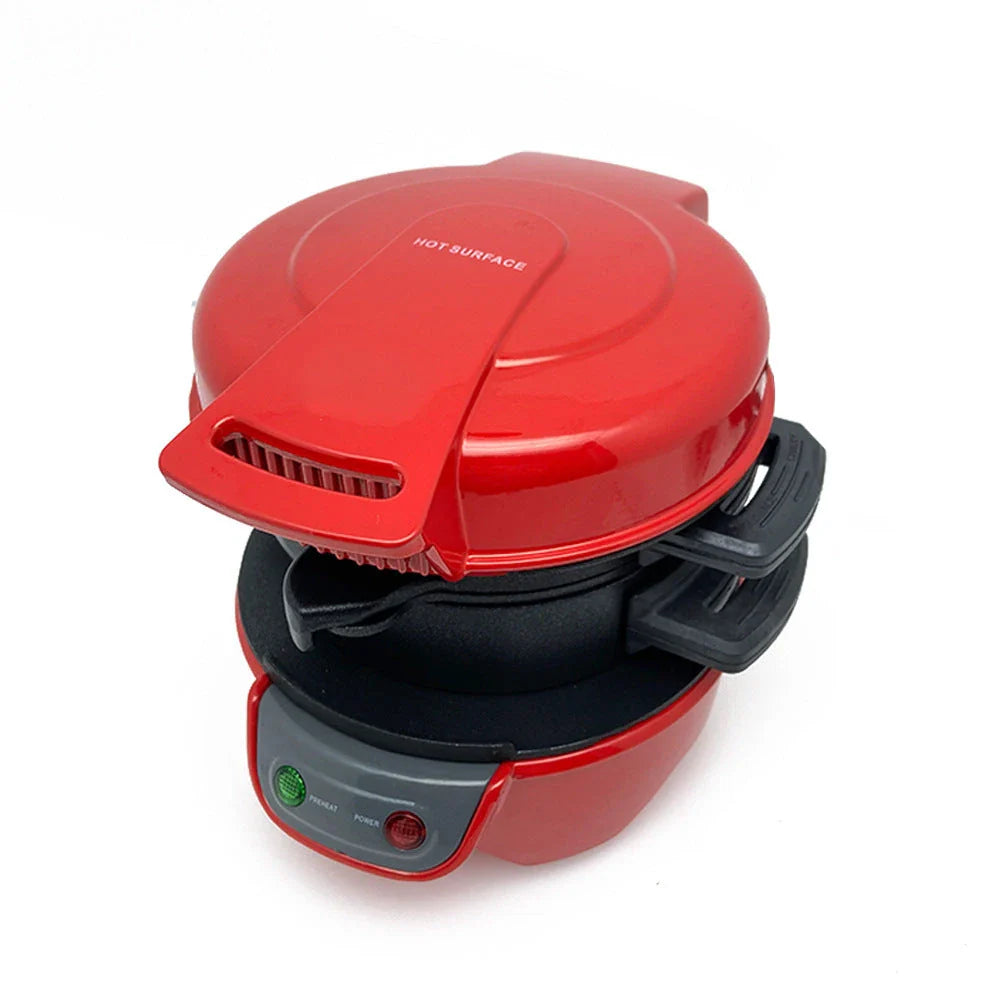 Versatile Breakfast Maker with sandwich, waffle, and egg cooking functions in bright red, orange, and silver gray colors