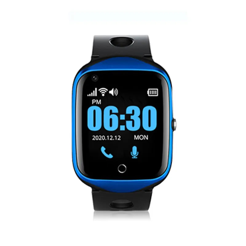 Square dial elderly phone watch with silicone strap in black, blue, or silver colour options showing 1.3-inch screen