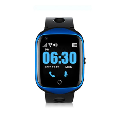 Square dial elderly phone watch with silicone strap in black, blue, or silver colour options showing 1.3-inch screen