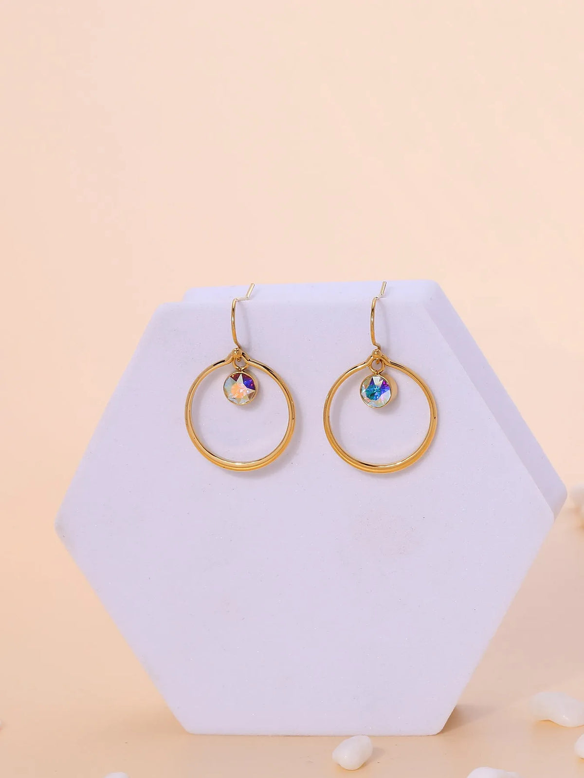 Titanium steel circle earrings with zirconia inlays, gold tone, unisex U-shape geometric and zodiac styles