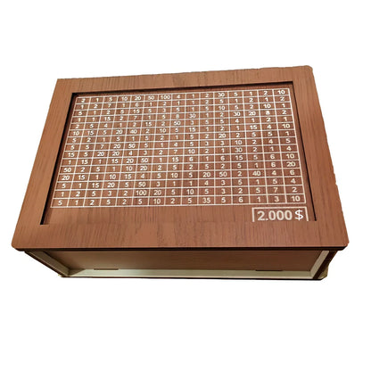 Wooden piggy bank with coin counter and side opening mechanism measuring 20cm