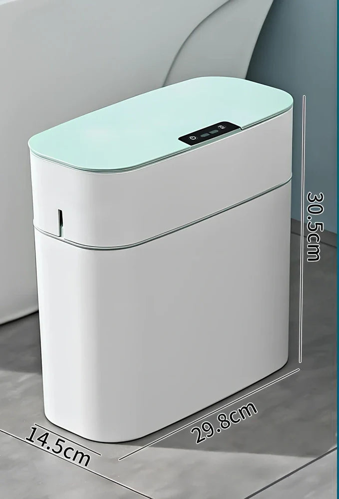 Automatic electric trash bin with infrared sensor opening, available in azure blue, white, and four other colours