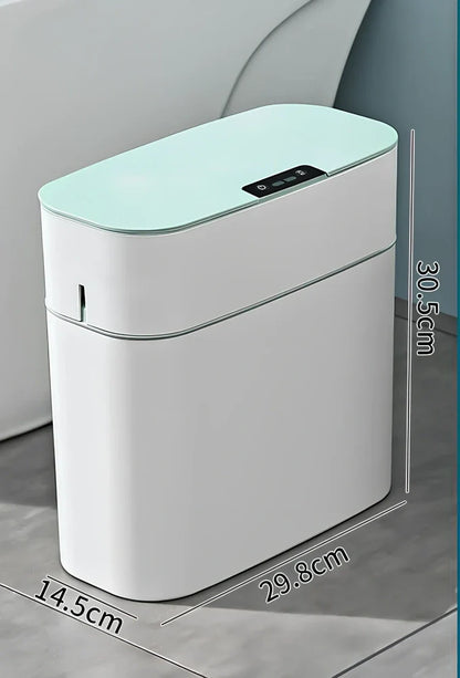 Automatic electric trash bin with infrared sensor opening, available in azure blue, white, and four other colours