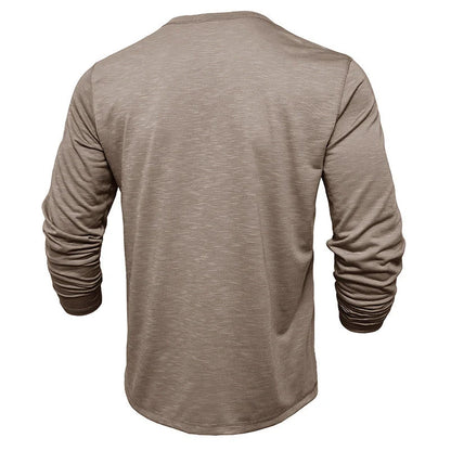 Premium long-sleeve henley shirt for men in a variety of colors and sizes
