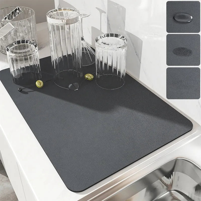 Black square kitchen drain pad with PU leather surface and rubber anti-slip backing