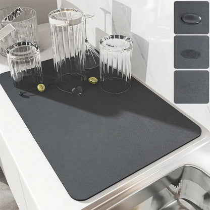 Black square kitchen drain pad with PU leather surface and rubber anti-slip backing