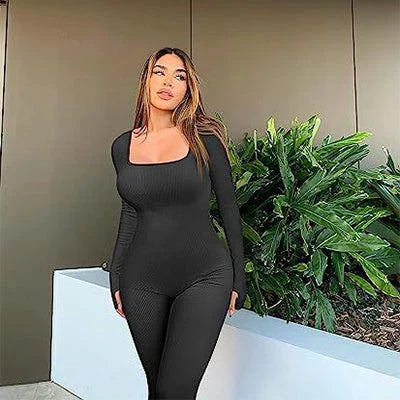 Stylish women's yoga jumpsuit with square neckline and long sleeves, available in a variety of colors