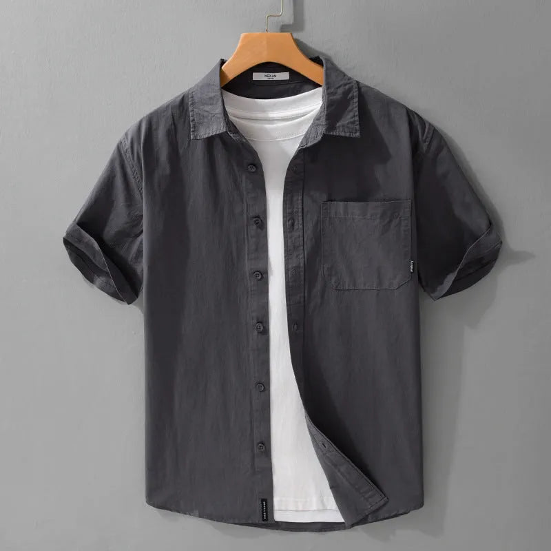 Men's loose fit pure cotton short sleeve shirt in cardigan style, shown in light blue.