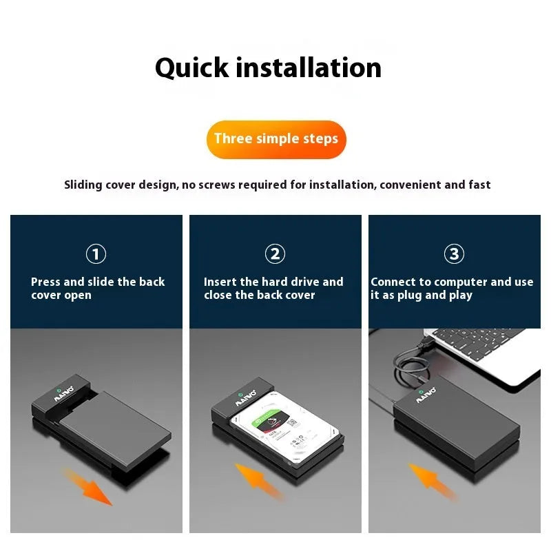 Black and silver 3.5-inch SATA hard disk enclosure with slide-open cover, USB 3.0 cable, and power adapter.