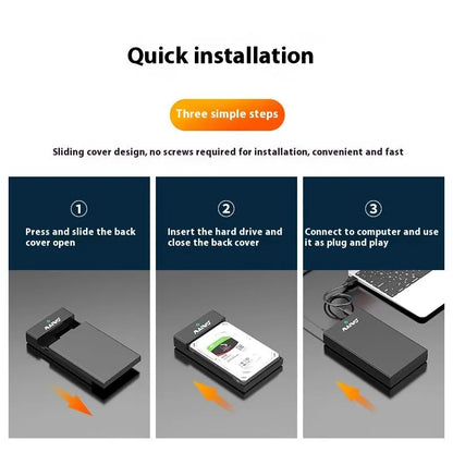 Black and silver 3.5-inch SATA hard disk enclosure with slide-open cover, USB 3.0 cable, and power adapter.