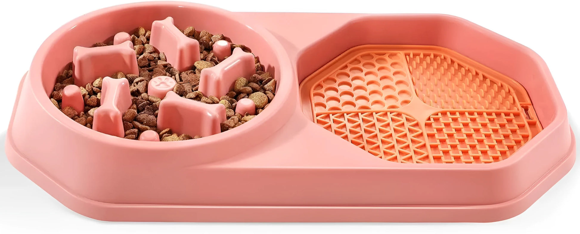 Blue interactive slow feeder dog bowl with maze pattern and non-slip base on a kitchen floor.