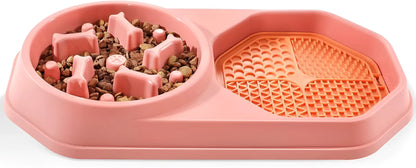 Blue interactive slow feeder dog bowl with maze pattern and non-slip base on a kitchen floor.