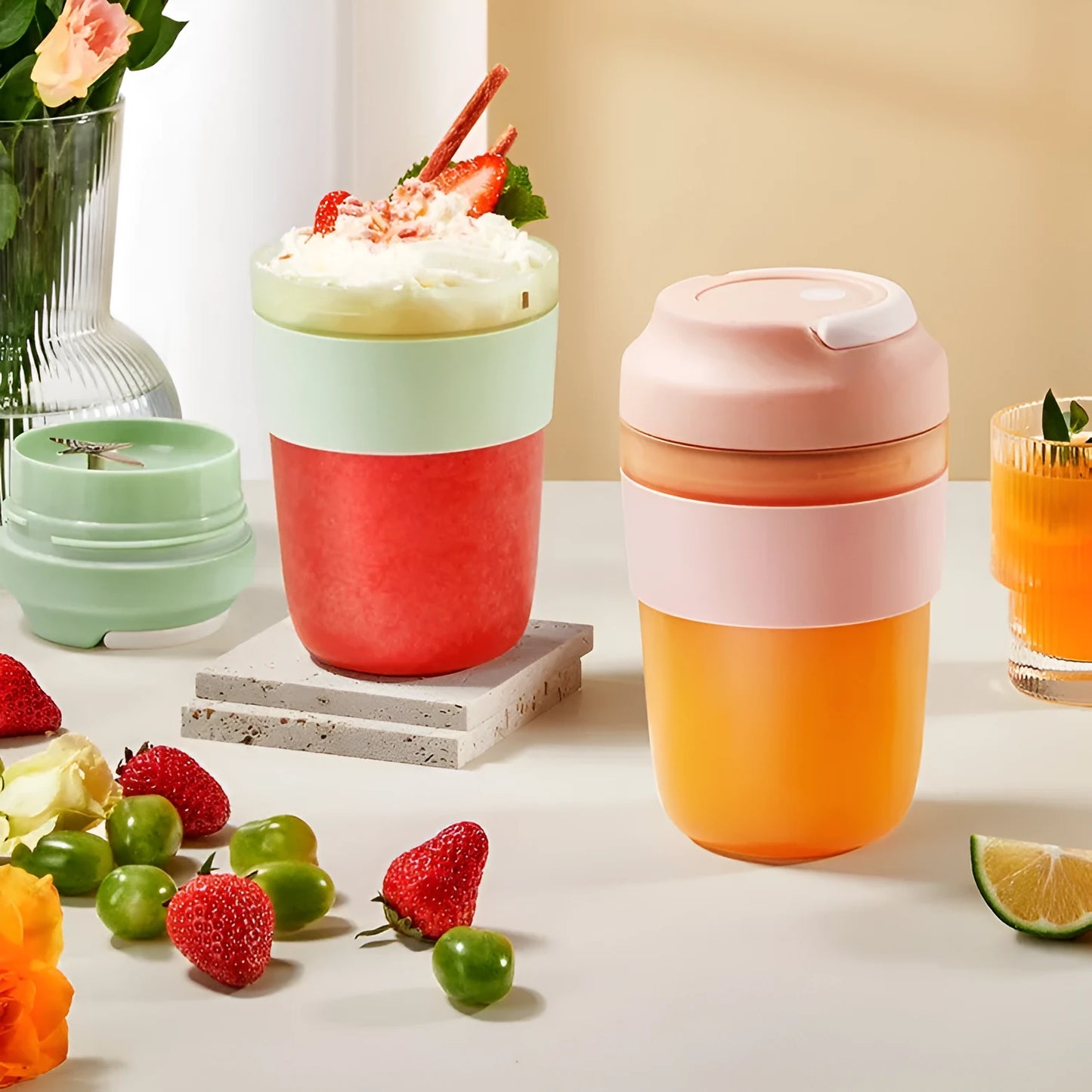 Green portable USB rechargeable blender cup with lid and four stainless steel blades, 400ml capacity.