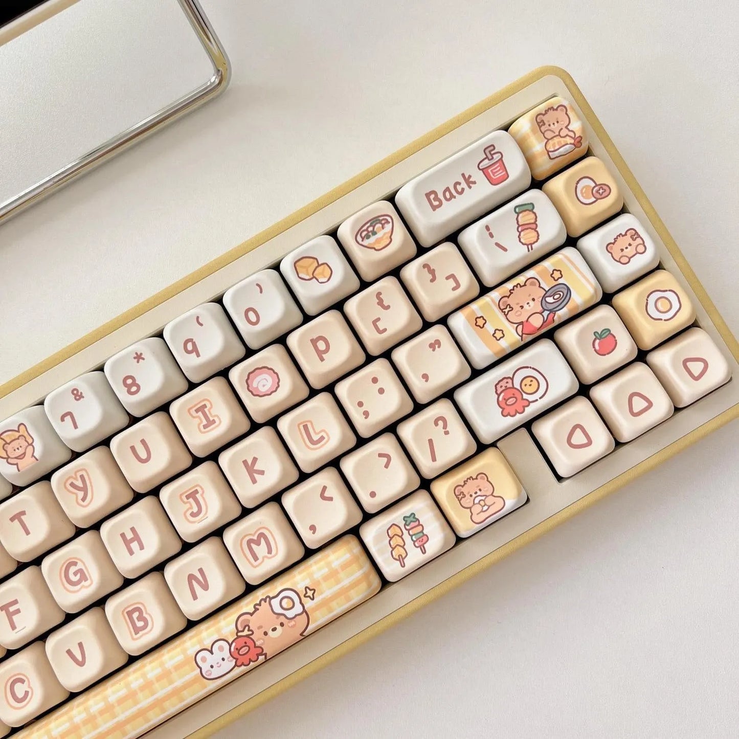 EOA height PBT keycap set with 140 pieces showing rabbit bear restaurant design applied through thermal sublimation process