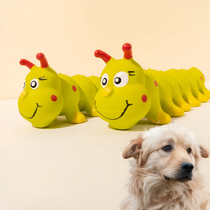 Yellow rubber caterpillar dog squeaky toy measuring 25.5x9cm for small medium breeds