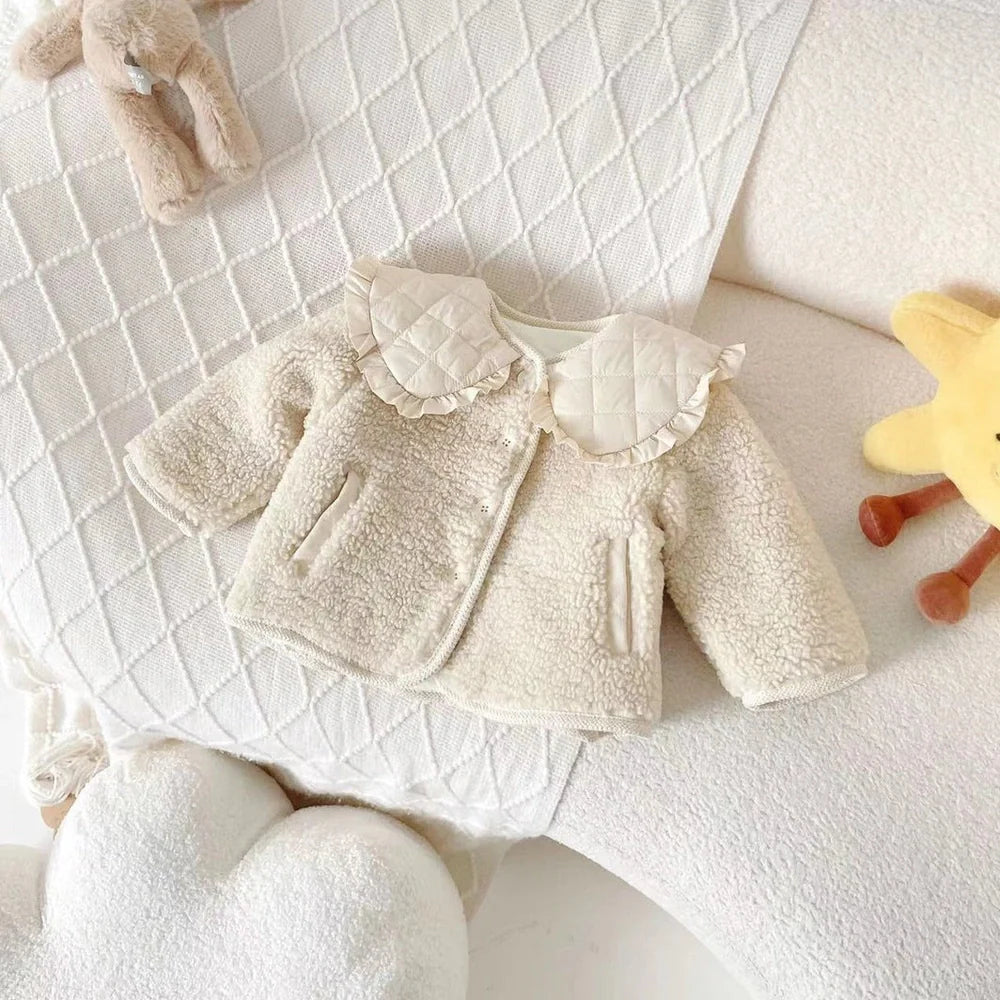 Children's fleece-lined lapel jacket in beige with single-breasted closure