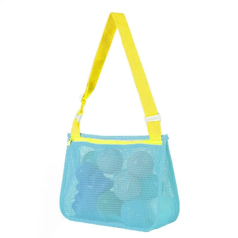 Blue children's travel storage organiser bag with nylon mesh construction and shoulder strap