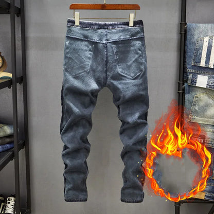 Men's slim-fitting dark blue denim jeans with micro-elasticity, mid-waist design, and standard trousers length on hanger