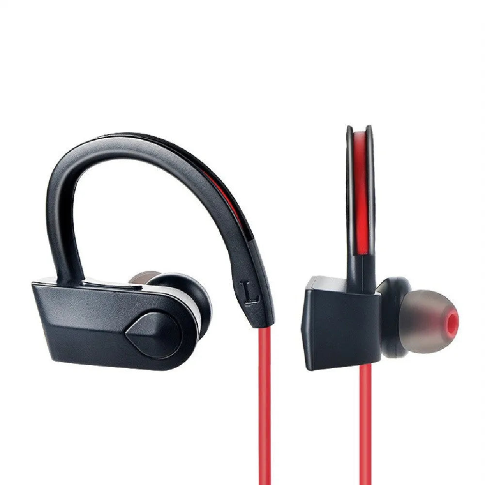Wireless neckband Bluetooth earphones in black, blue, or red colour with USB charging cable.
