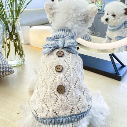 Bowknot hollow knit dog sweater in various colors and patterns