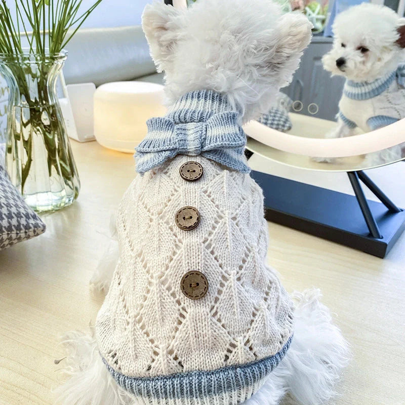 Bowknot hollow knit dog sweater in various colors and patterns
