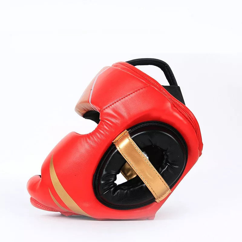 Children's full protection boxing helmet in red, white, black for boxing, Sanda, Taekwondo