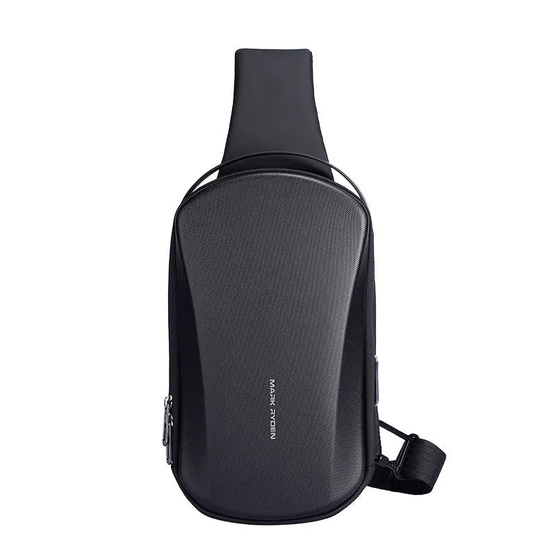 Men's hard shell chest bag in black or grey PU Oxford, 30x18x10cm, with adjustable 50-120cm shoulder strap
