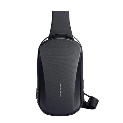 Men's hard shell chest bag in black or grey PU Oxford, 30x18x10cm, with adjustable 50-120cm shoulder strap