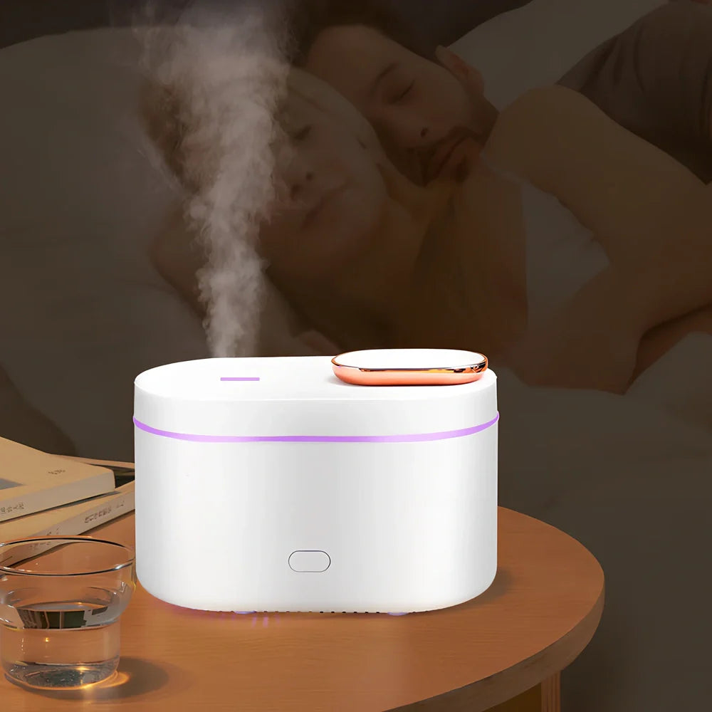 White ultrasonic aroma diffuser measuring 13.5x8x9cm with 200ml capacity and RGB lighting