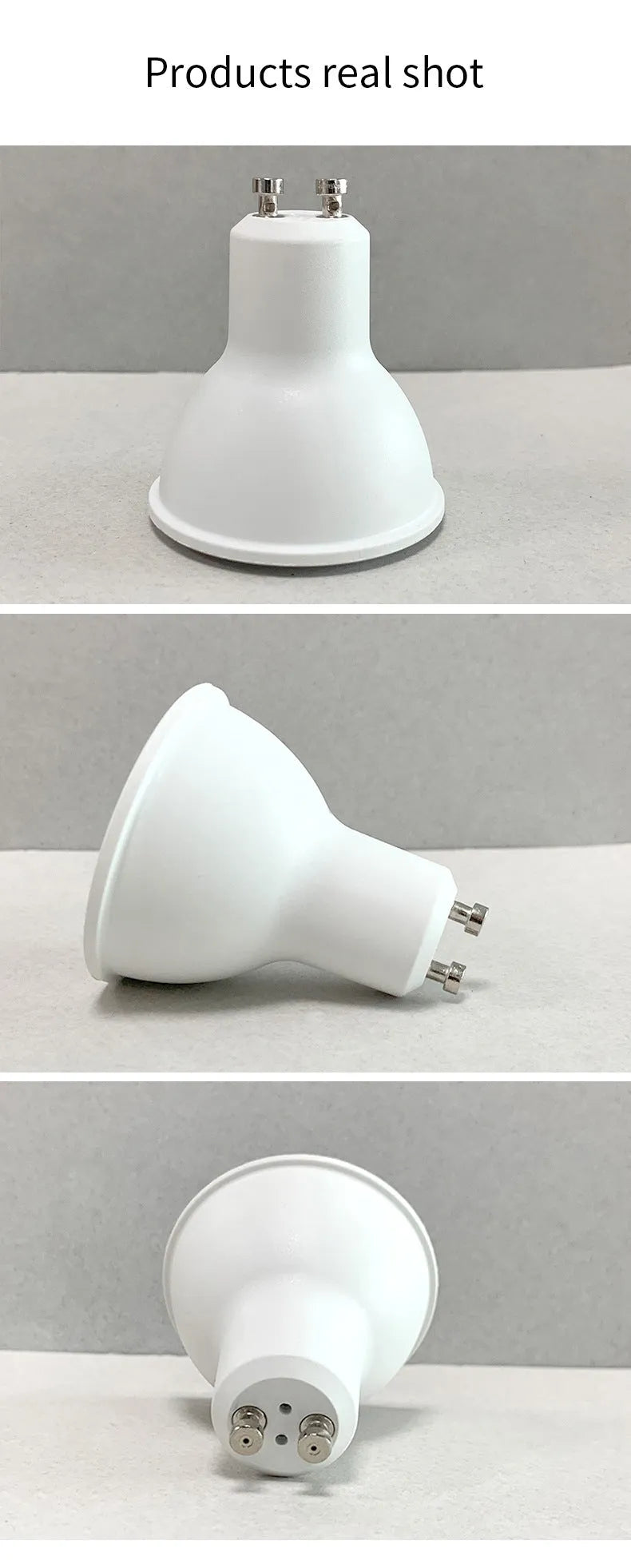 Smart WiFi GU10 LED spotlight bulb with RGBCCT colour and tunable white light, shown with dimensions.