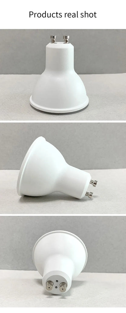 Smart WiFi GU10 LED spotlight bulb with RGBCCT colour and tunable white light, shown with dimensions.