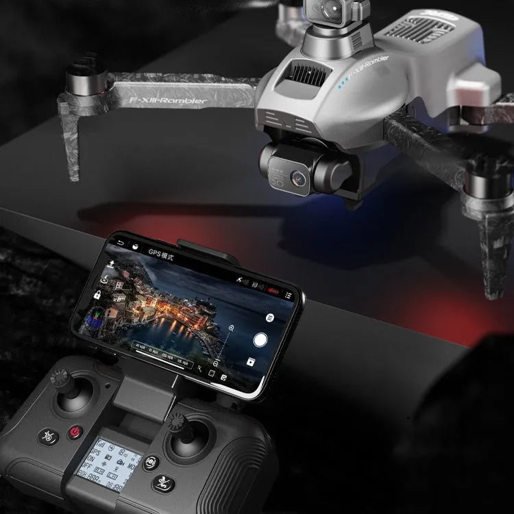 White foldable brushless quadcopter drone with 4K camera shown with remote control and carry case.